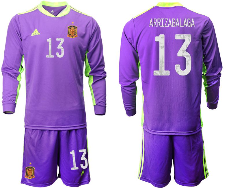 Men 2021 World Cup National Spain purple long sleeved Goalkeeper #13 Soccer Jerseys->->Soccer Country Jersey